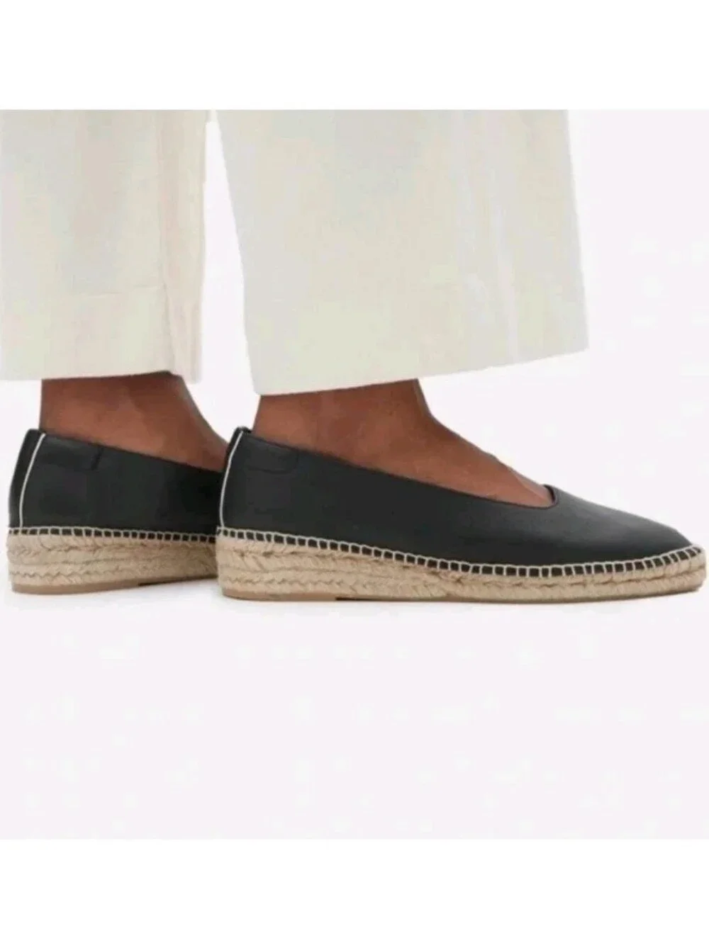EUC EVERLANE The Espadrille Black Leather/Jute Whipstitch & Wedge Sz 7